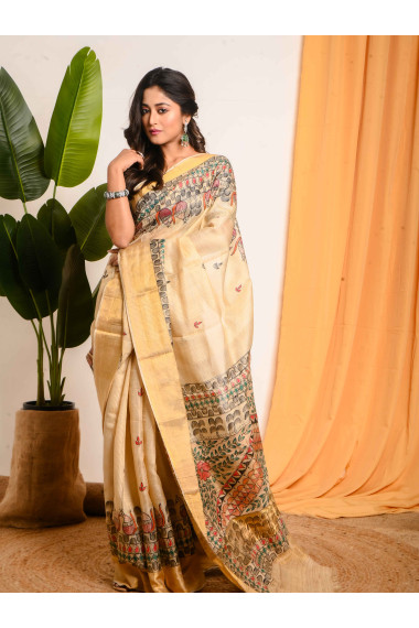 Madhubani Hand Paint Tussar Saree in Shades of Beige - BSHP33
